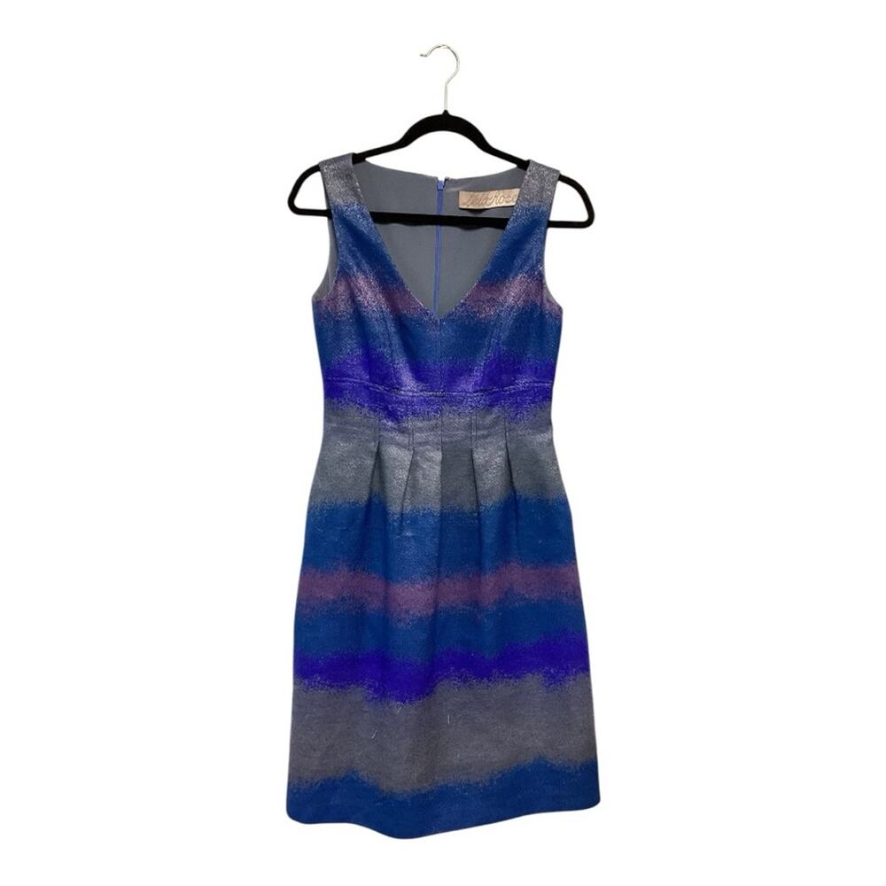 EUC Lela Rose Blue Pink Metallic Striped Fit & Flare Knit Dress Size 6